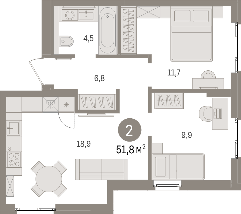 3-комнатная (Евро) квартира, 51.8 м² в ЖК "Брусника в Новоселье" - планировка, фото №1