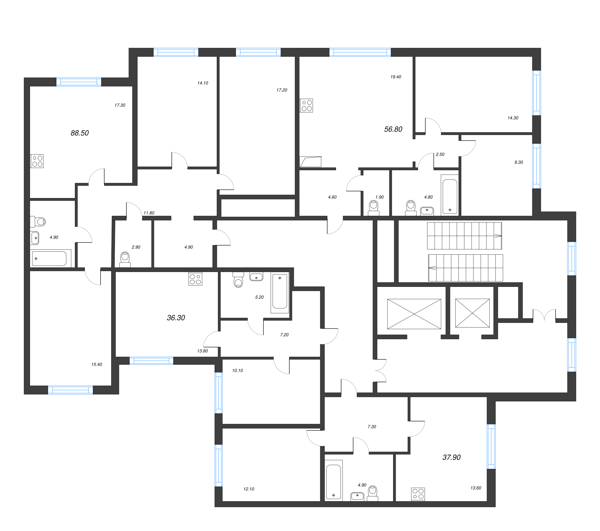 3-комнатная квартира, 88.5 м² в ЖК "Монография" - планировка этажа