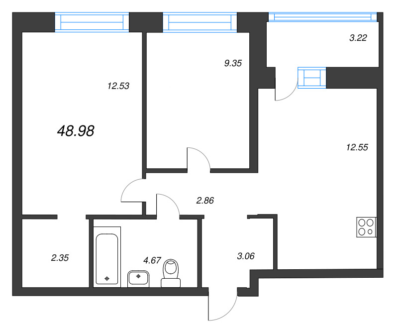 2-комнатная квартира, 48.98 м² в ЖК "Уютный" - планировка, фото №1