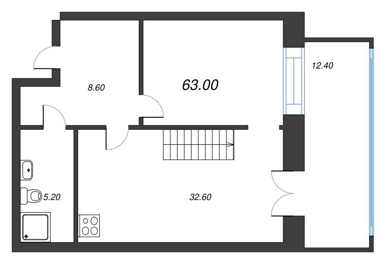 1-комнатная квартира, 63.7 м² - планировка, фото №1