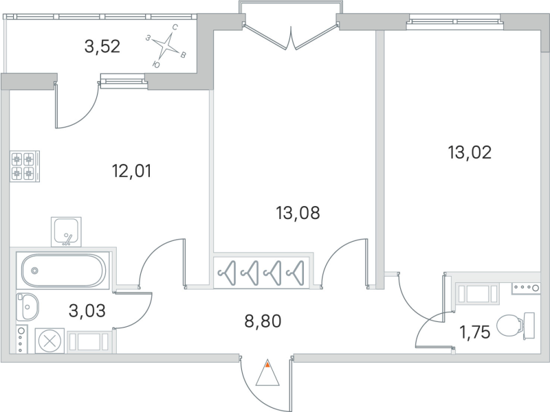 2-комнатная квартира, 51.69 м² - планировка, фото №1