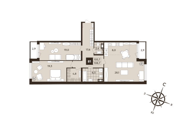 3-комнатная (Евро) квартира, 105.7 м² в ЖК "Дом на Бронницкой" - планировка, фото №1