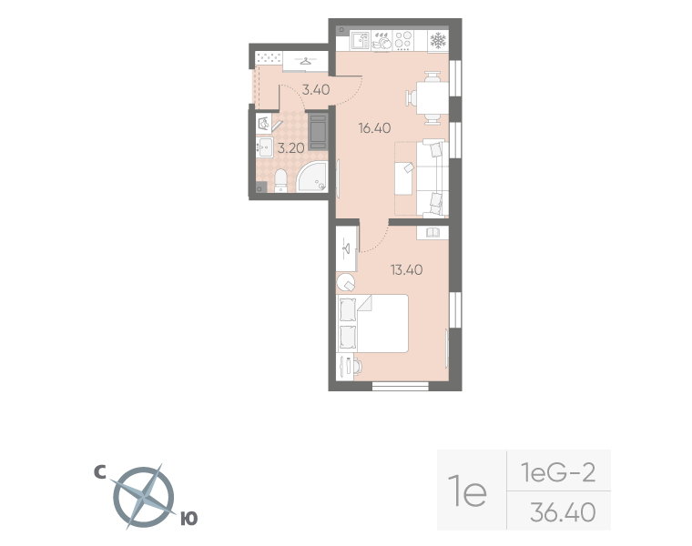2-комнатная (Евро) квартира, 36.4 м² в ЖК "Октябрьская набережная" - планировка, фото №1