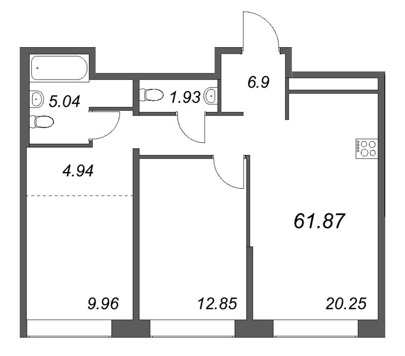 3-комнатная (Евро) квартира, 61.87 м² в ЖК "Avant" - планировка, фото №1