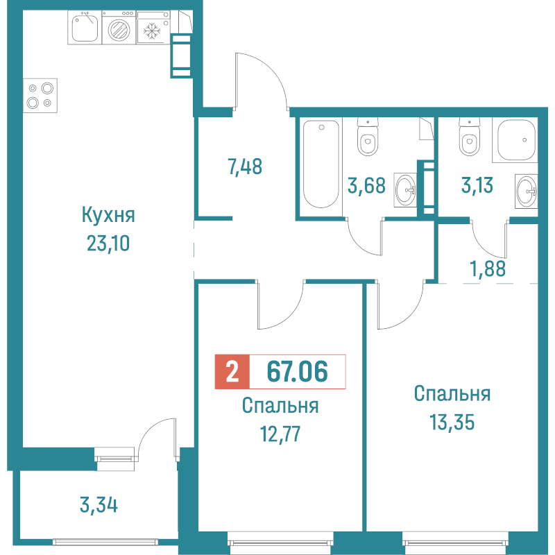 3-комнатная (Евро) квартира, 67.06 м² в ЖК "Графика" - планировка, фото №1
