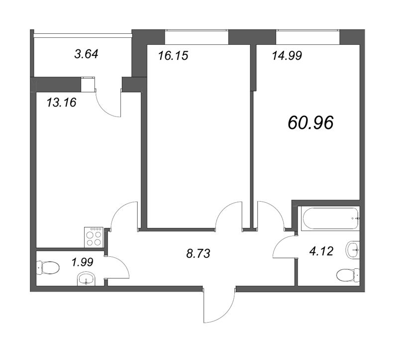 2-комнатная квартира, 59.8 м² - планировка, фото №1