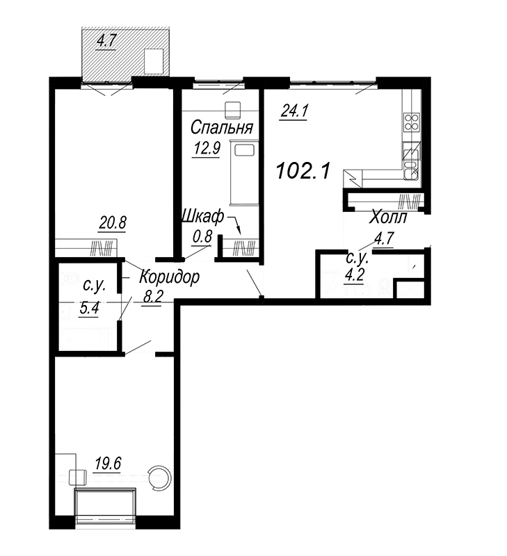 4-комнатная (Евро) квартира, 98.4 м² - планировка, фото №1