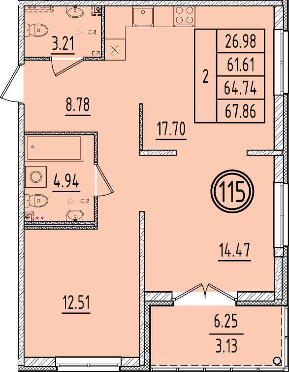 3-комнатная (Евро) квартира, 61.61 м² в ЖК "Образцовый квартал 6.4" - планировка, фото №1
