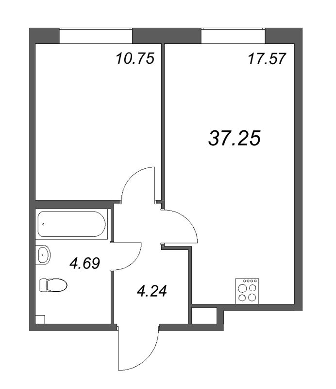2-комнатная (Евро) квартира, 37.25 м² - планировка, фото №1
