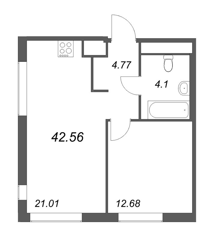 2-комнатная (Евро) квартира, 42.56 м² - планировка, фото №1
