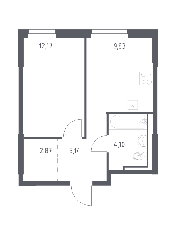 1-комнатная квартира, 34.11 м² - планировка, фото №1