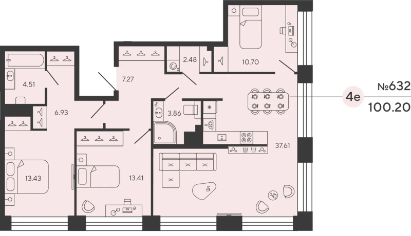 4-комнатная (Евро) квартира, 100.2 м² в ЖК "Bashni Element" - планировка, фото №1