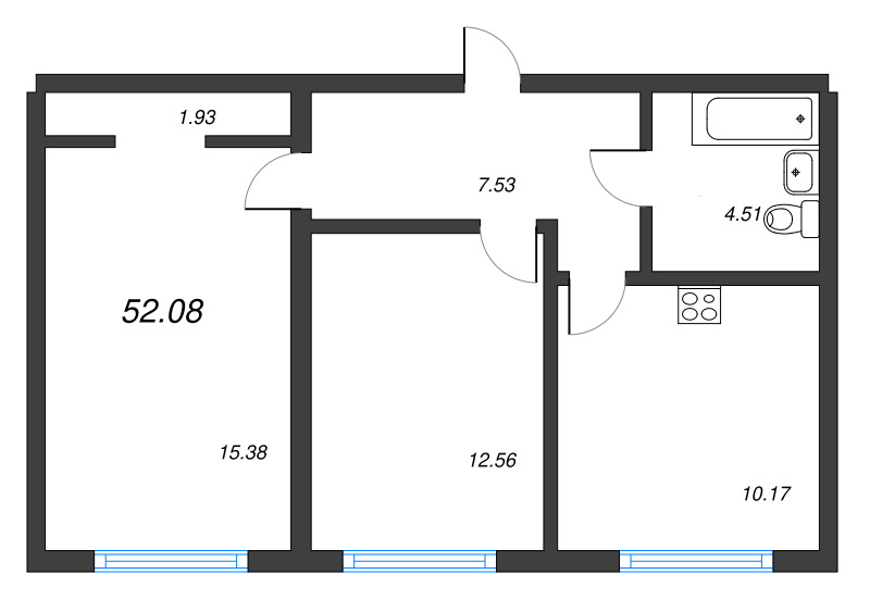 2-комнатная квартира, 52.08 м² - планировка, фото №1