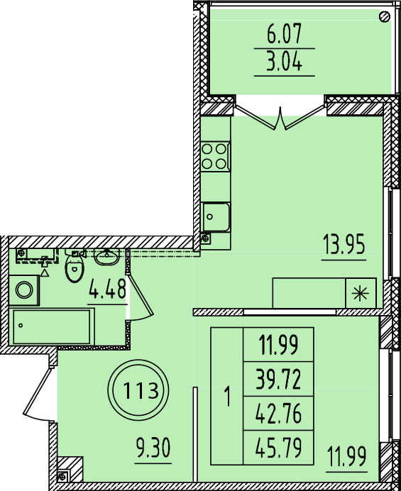 1-комнатная квартира, 39.72 м² в ЖК "Образцовый квартал 14" - планировка, фото №1