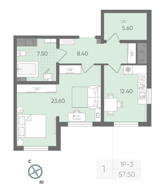 1-комнатная квартира, 57.5 м² в ЖК "Ручьи" - планировка, фото №1