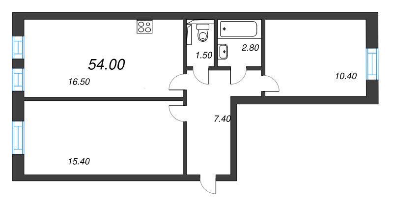3-комнатная (Евро) квартира, 54 м² в ЖК "Эко Квартал Нега" - планировка, фото №1
