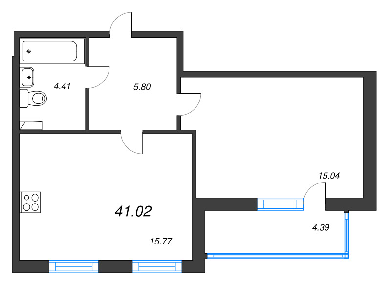 2-комнатная (Евро) квартира, 41.02 м² в ЖК "Любоград" - планировка, фото №1