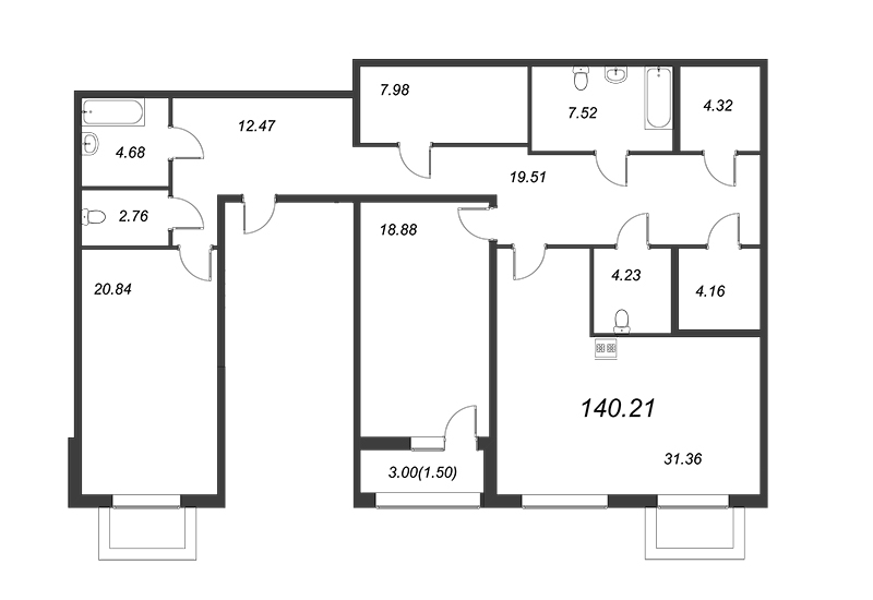 2-комнатная квартира, 140.3 м² - планировка, фото №1