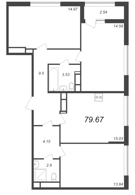 3-комнатная квартира, 79.67 м² - планировка, фото №1