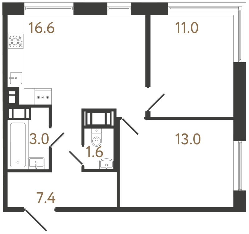 3-комнатная (Евро) квартира, 52.6 м² в ЖК "Передвижники 2" - планировка, фото №1