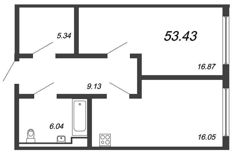 1-комнатная квартира, 52.02 м² в ЖК "Valo" - планировка, фото №1