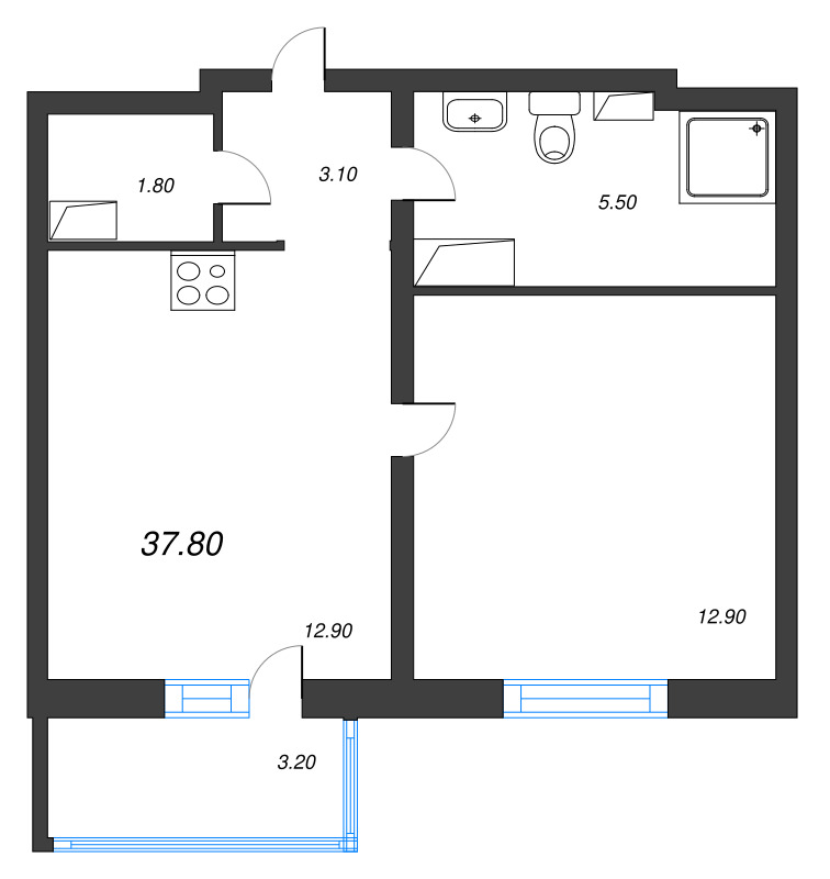 1-комнатная квартира, 37.4 м² в ЖК "LOVO" - планировка, фото №1