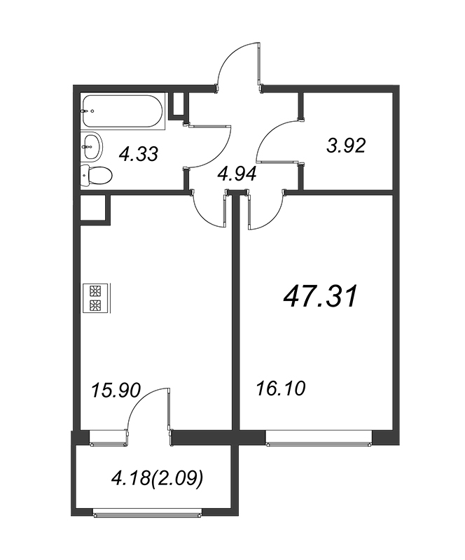 2-комнатная (Евро) квартира, 47.2 м² - планировка, фото №1