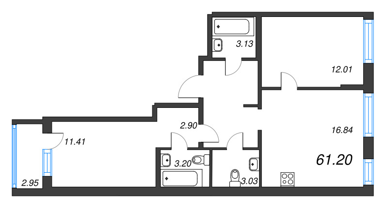 3-комнатная (Евро) квартира, 61.2 м² в ЖК "ID Murino III" - планировка, фото №1
