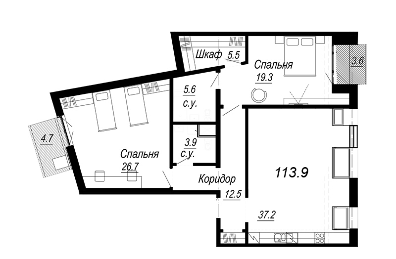2-комнатная квартира, 110.48 м² - планировка, фото №1