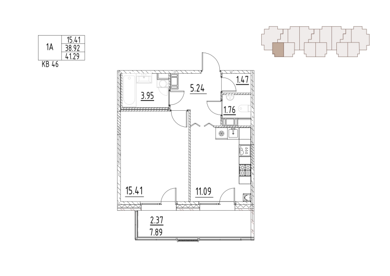 1-комнатная квартира, 41.29 м² - планировка, фото №1