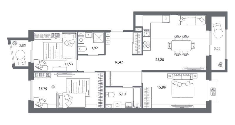4-комнатная (Евро) квартира, 100.7 м² в ЖК "Респект" - планировка, фото №1