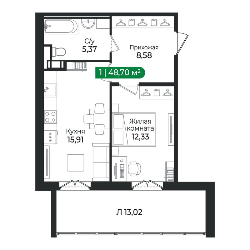 2-комнатная (Евро) квартира, 48.7 м² в ЖК "Сертолово Парк" - планировка, фото №1