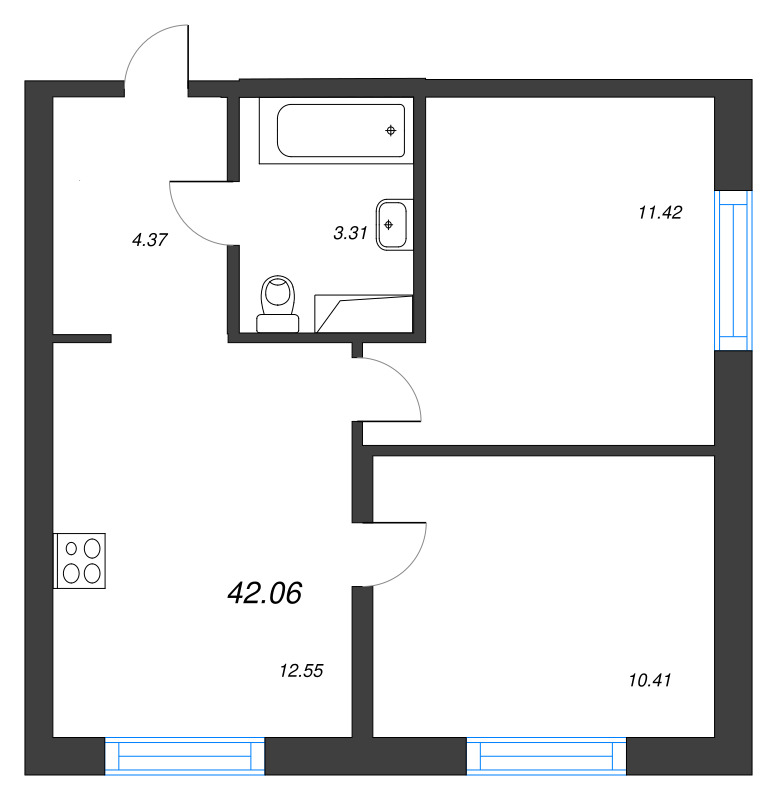 2-комнатная квартира, 42.06 м² в ЖК "Окла" - планировка, фото №1