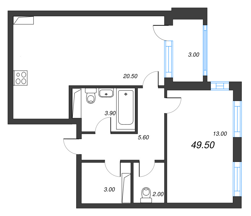 2-комнатная (Евро) квартира, 49.7 м² в ЖК "Тайм Сквер" - планировка, фото №1
