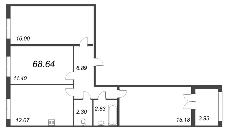 3-комнатная квартира, 68.64 м² - планировка, фото №1