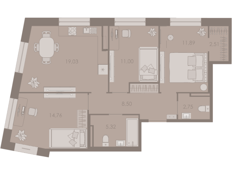 4-комнатная (Евро) квартира, 75.8 м² - планировка, фото №1