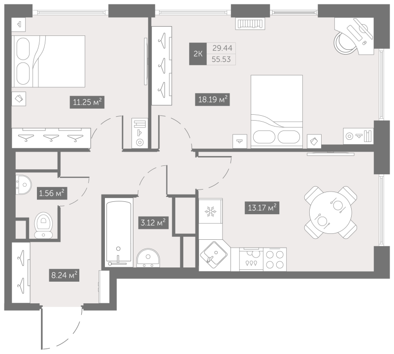 2-комнатная квартира, 55.53 м² в ЖК "UP-квартал Новый Московский" - планировка, фото №1