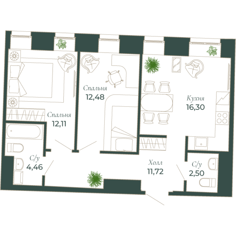 3-комнатная (Евро) квартира, 62 м² в ЖК "Мадонна Бенуа" - планировка, фото №1