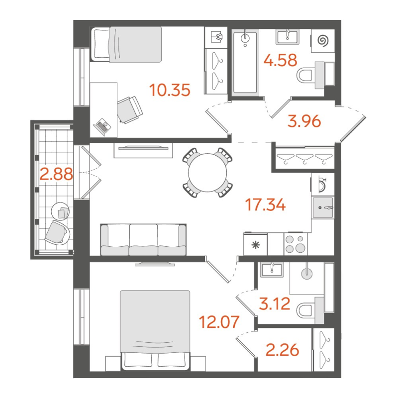 3-комнатная (Евро) квартира, 54.5 м² в ЖК "STAVNI Обводный" - планировка, фото №1