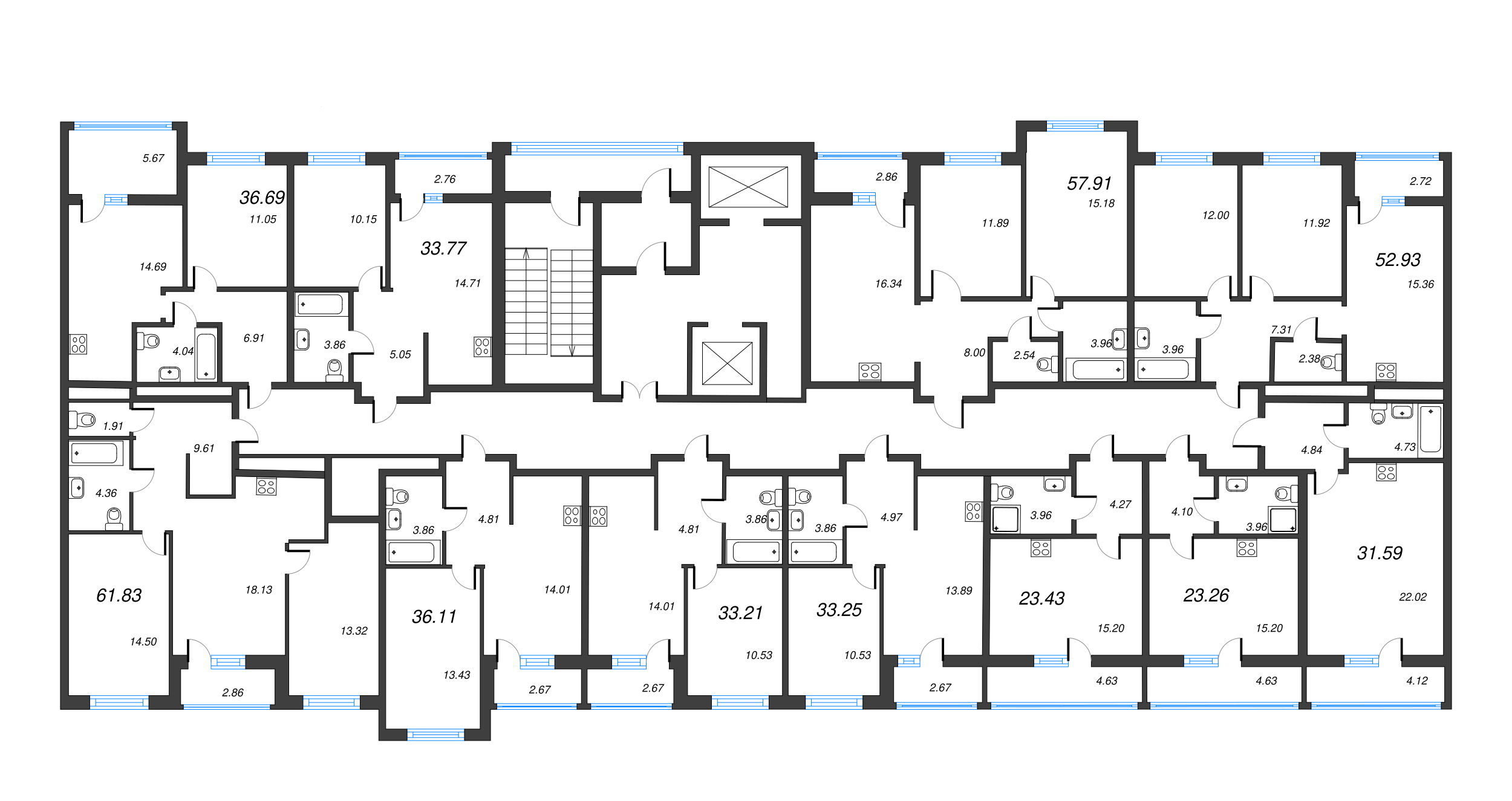 3-комнатная (Евро) квартира, 61.83 м² - планировка этажа