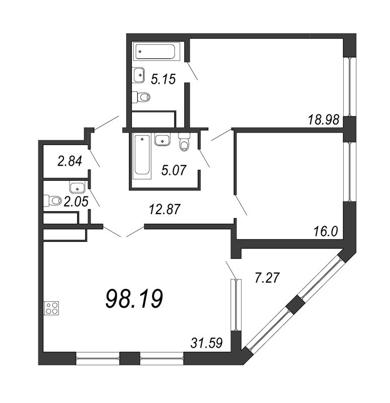 3-комнатная (Евро) квартира, 98.19 м² - планировка, фото №1