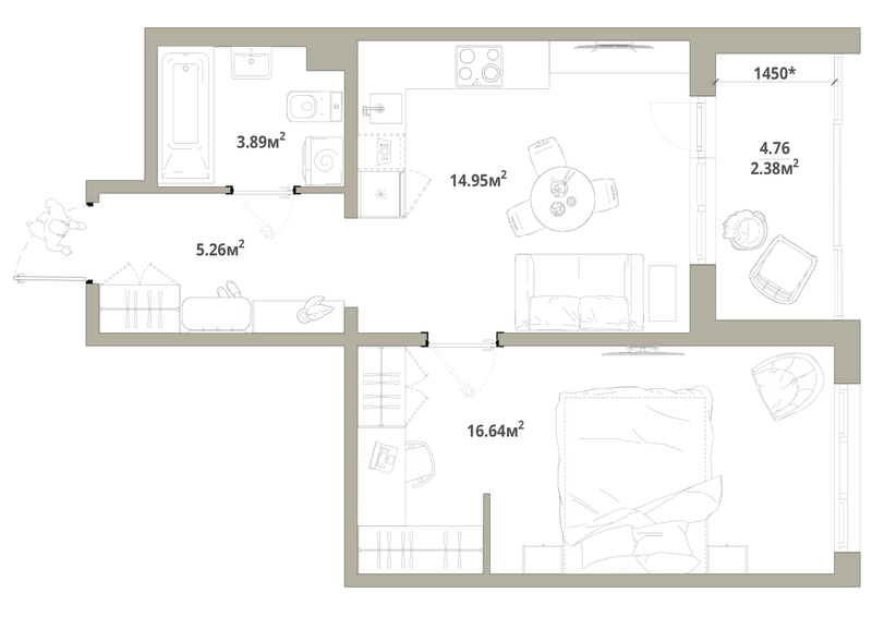1-комнатная квартира, 43.12 м² в ЖК "Тишин" - планировка, фото №1