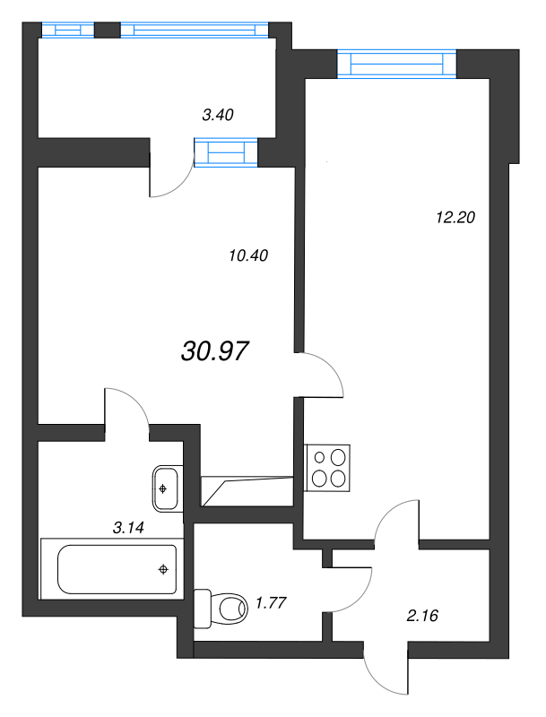 1-комнатная квартира, 30.97 м² - планировка, фото №1