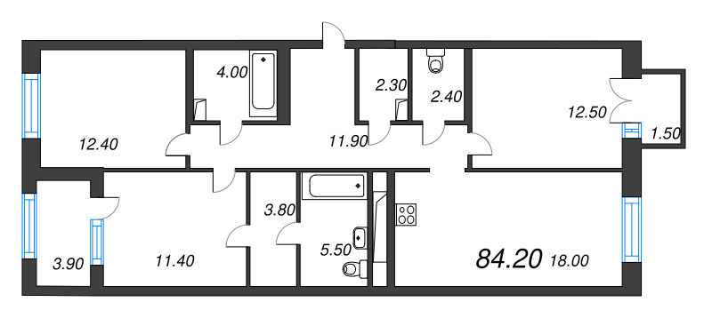 4-комнатная (Евро) квартира, 84.2 м² в ЖК "Струны" - планировка, фото №1