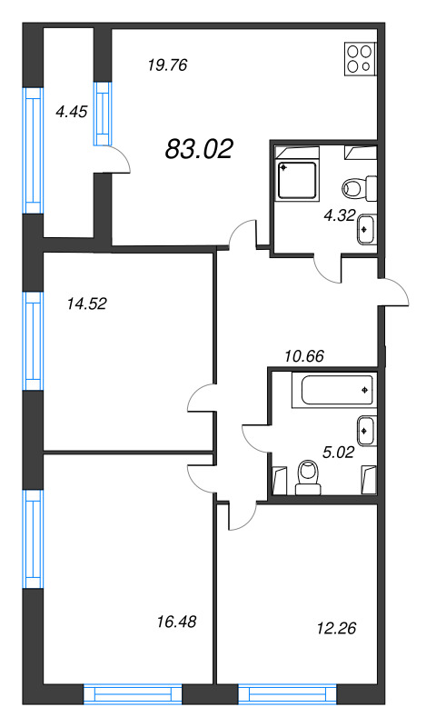 4-комнатная (Евро) квартира, 83.02 м² в ЖК "Б15" - планировка, фото №1