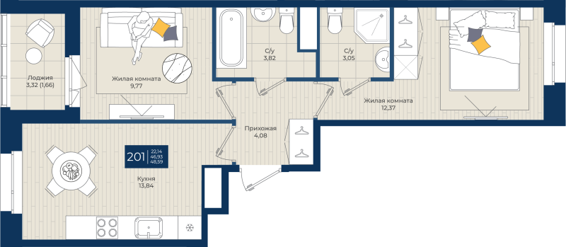 2-комнатная квартира, 48.59 м² в ЖК "Новатория" - планировка, фото №1