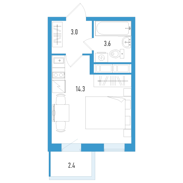 Квартира-студия, 21.6 м² - планировка, фото №1