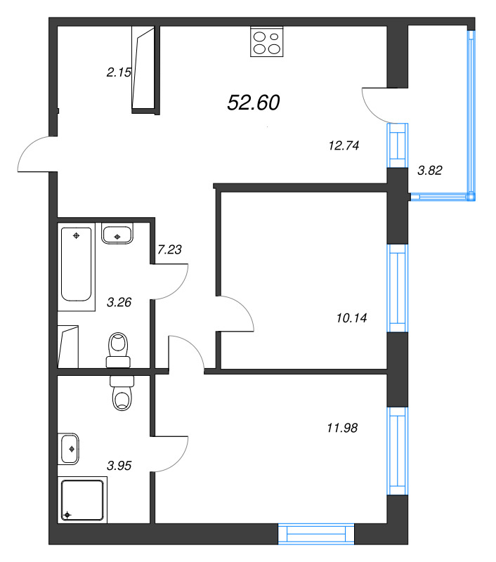 2-комнатная квартира, 52.6 м² в ЖК "Окла" - планировка, фото №1