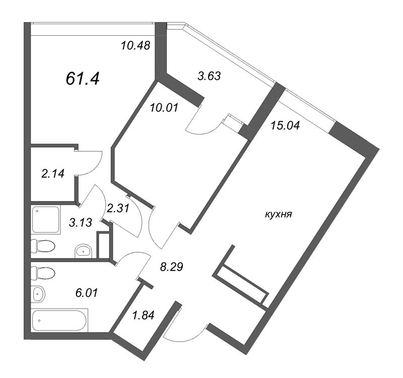 3-комнатная (Евро) квартира, 61.4 м² в ЖК "Белый остров" - планировка, фото №1