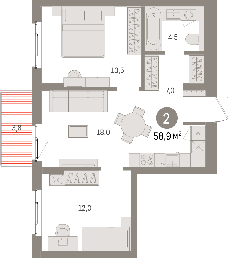 3-комнатная (Евро) квартира, 58.9 м² в ЖК "Брусника в Новоселье" - планировка, фото №1